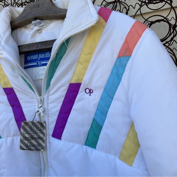 Vintage 80s Ocean Pacific pastel color block diagonal stripe ski coat jacket - Picture 2 of 5